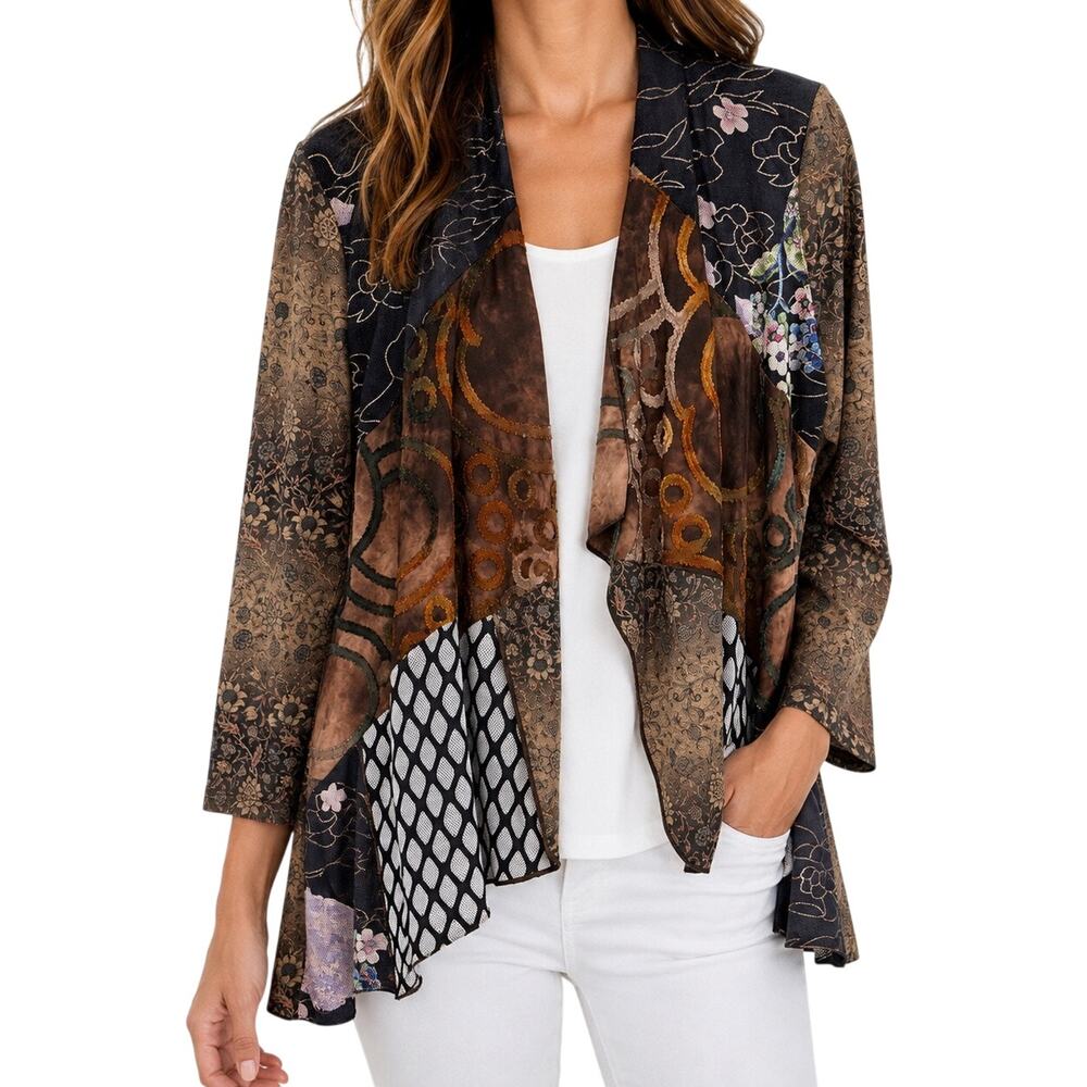 Anis A Sz Medium Wearable Art Unique Metallic Open Front Blouse Shirt Top